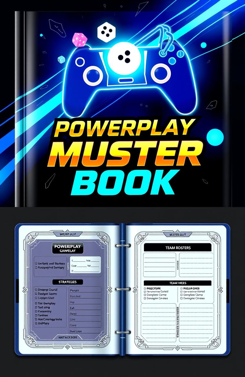 A sleek and modern design of a powerplay muster book, featuring a futuristic cover with a glossy finish that incorporates elements of gaming and strategy