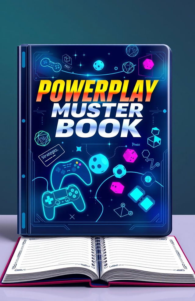 A sleek and modern design of a powerplay muster book, featuring a futuristic cover with a glossy finish that incorporates elements of gaming and strategy