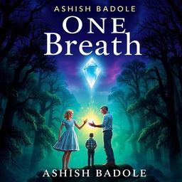 A magical book cover for 'One Breath' by Ashish Badole, illustrating a twilight scene where the title glows ethereally above an ancient forest