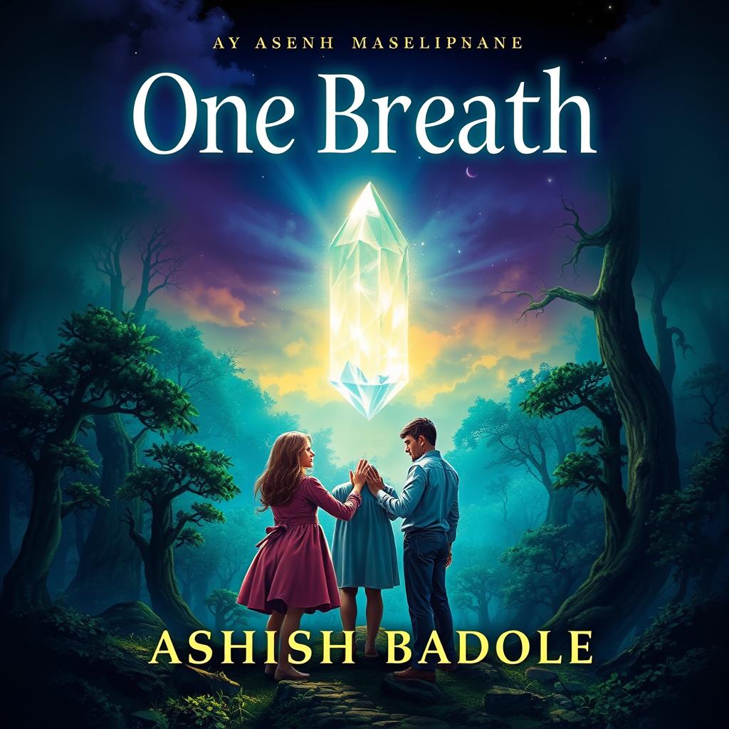 A magical book cover for 'One Breath' by Ashish Badole, illustrating a twilight scene where the title glows ethereally above an ancient forest