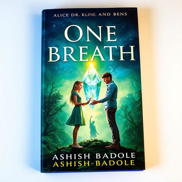 A magical book cover for 'One Breath' by Ashish Badole, illustrating a twilight scene where the title glows ethereally above an ancient forest