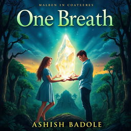 A magical book cover for 'One Breath' by Ashish Badole, illustrating a twilight scene where the title glows ethereally above an ancient forest