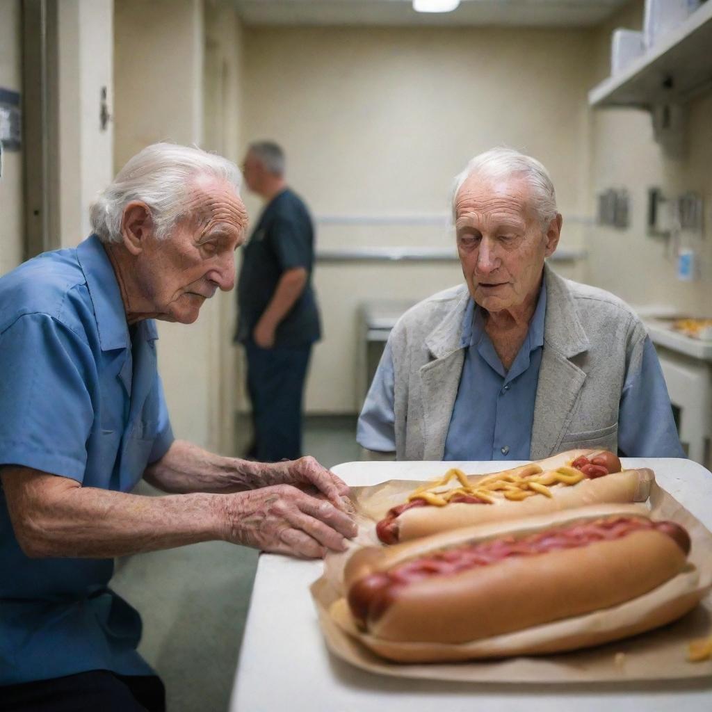 A poignant scene in a hospital room where the elderly, once-homeless hotdog vendor lies. Streams of people, his past customers and dear friends, come to visit him, showcasing the love and respect they hold for him.