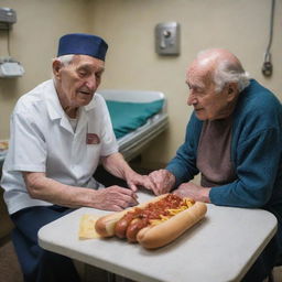 A poignant scene in a hospital room where the elderly, once-homeless hotdog vendor lies. Streams of people, his past customers and dear friends, come to visit him, showcasing the love and respect they hold for him.