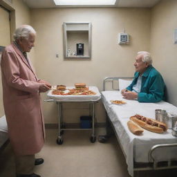 A poignant scene in a hospital room where the elderly, once-homeless hotdog vendor lies. Streams of people, his past customers and dear friends, come to visit him, showcasing the love and respect they hold for him.