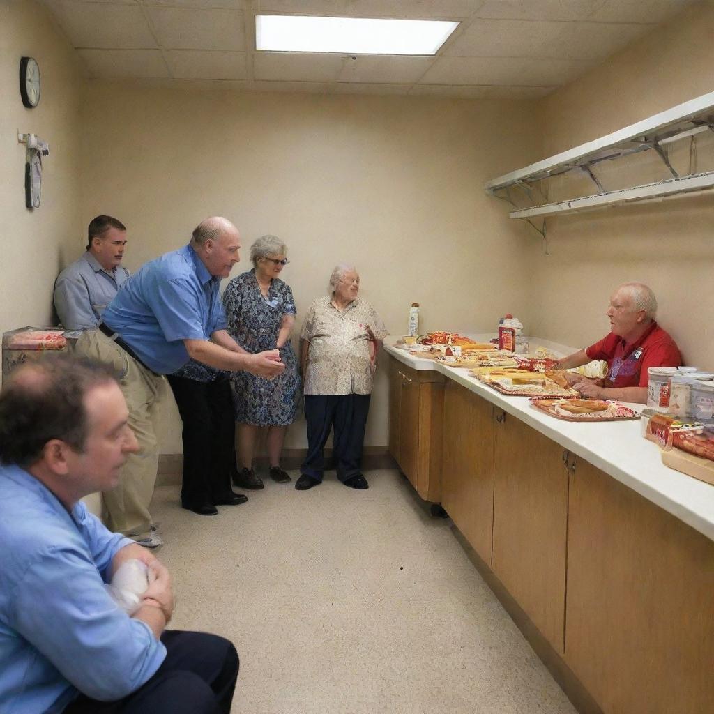 A touching scene inside a hospital room: the aged hotdog vendor surrounded by a steady stream of visitors, their faces filled with deep respect and concern. The room is devoid of any reference to hotdogs, focusing instead on human connection.