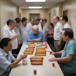 A touching scene inside a hospital room: the aged hotdog vendor surrounded by a steady stream of visitors, their faces filled with deep respect and concern. The room is devoid of any reference to hotdogs, focusing instead on human connection.