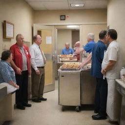 A touching scene inside a hospital room: the aged hotdog vendor surrounded by a steady stream of visitors, their faces filled with deep respect and concern. The room is devoid of any reference to hotdogs, focusing instead on human connection.