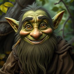 A mature male goblin with a long, bushy beard, smiling warmly