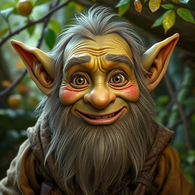 A mature male goblin with a long, bushy beard, smiling warmly