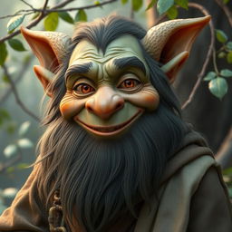 A mature male goblin with a long, bushy beard, smiling warmly