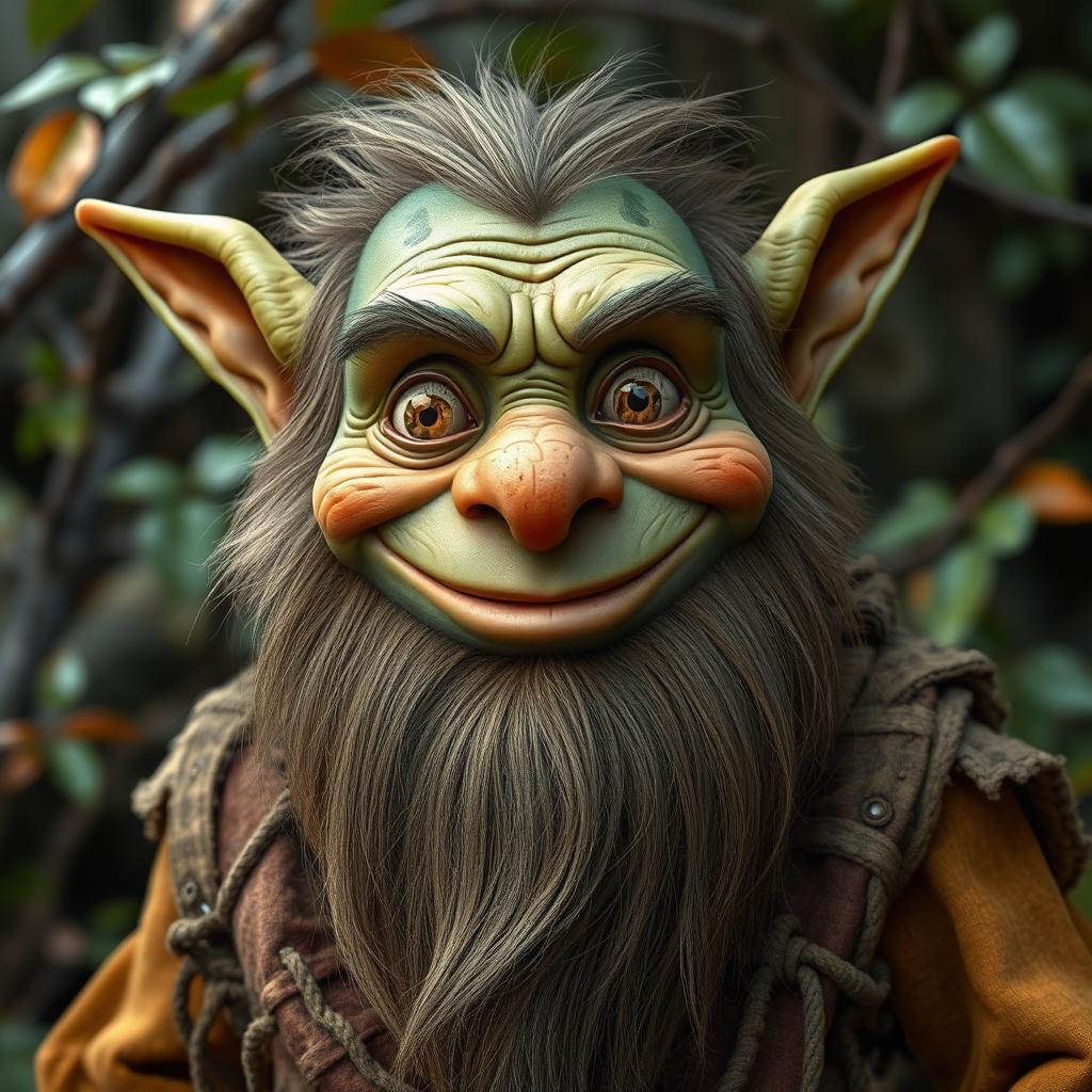 A mature male goblin with a long, bushy beard, smiling warmly