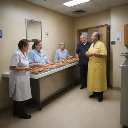 A touching scene inside a hospital room: the aged hotdog vendor surrounded by a steady stream of visitors, their faces filled with deep respect and concern. The room is devoid of any reference to hotdogs, focusing instead on human connection.