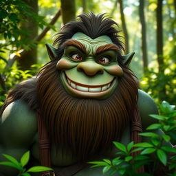A mature male ogre with a thick, well-groomed beard, grinning broadly