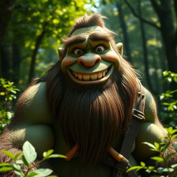 A mature male ogre with a thick, well-groomed beard, grinning broadly