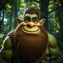 A mature male ogre with a thick, well-groomed beard, grinning broadly