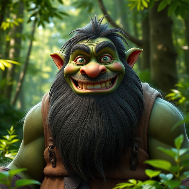 A mature male ogre with a thick, well-groomed beard, grinning broadly