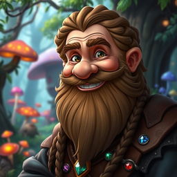 A mature male bearded dwarf with a warm smile, depicted in an enchanting fantasy setting