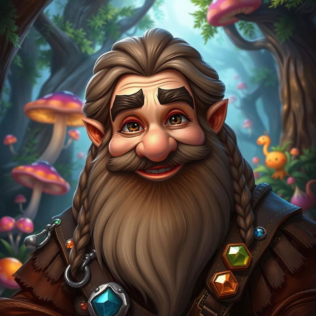 A mature male bearded dwarf with a warm smile, depicted in an enchanting fantasy setting