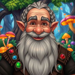 A mature male bearded dwarf with a warm smile, depicted in an enchanting fantasy setting