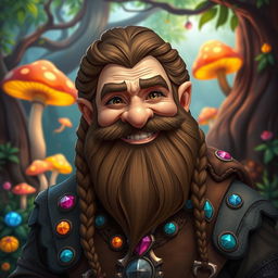 A mature male bearded dwarf with a warm smile, depicted in an enchanting fantasy setting