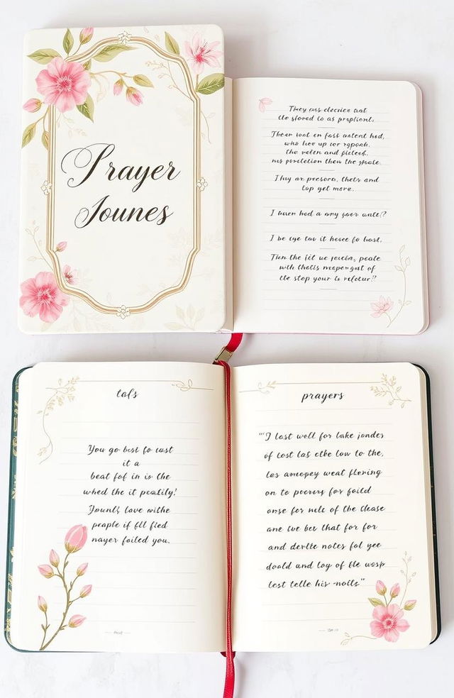 A beautifully designed prayer journal for women, featuring an elegant cover with floral patterns and soft pastel colors