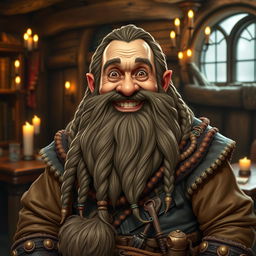 A cheerful, mature male dwarf with a huge, intricately braided beard, adorned with beads and jewelry