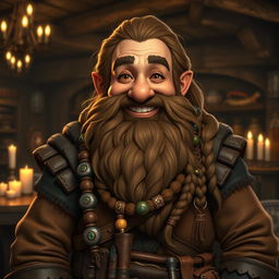 A cheerful, mature male dwarf with a huge, intricately braided beard, adorned with beads and jewelry