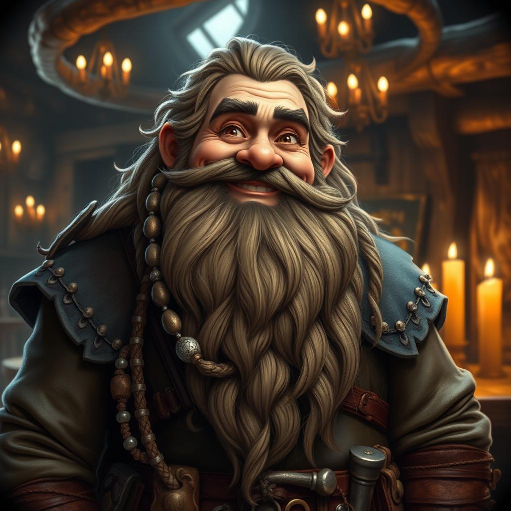 A cheerful, mature male dwarf with a huge, intricately braided beard, adorned with beads and jewelry