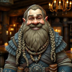 A cheerful, mature male dwarf with a huge, intricately braided beard, adorned with beads and jewelry