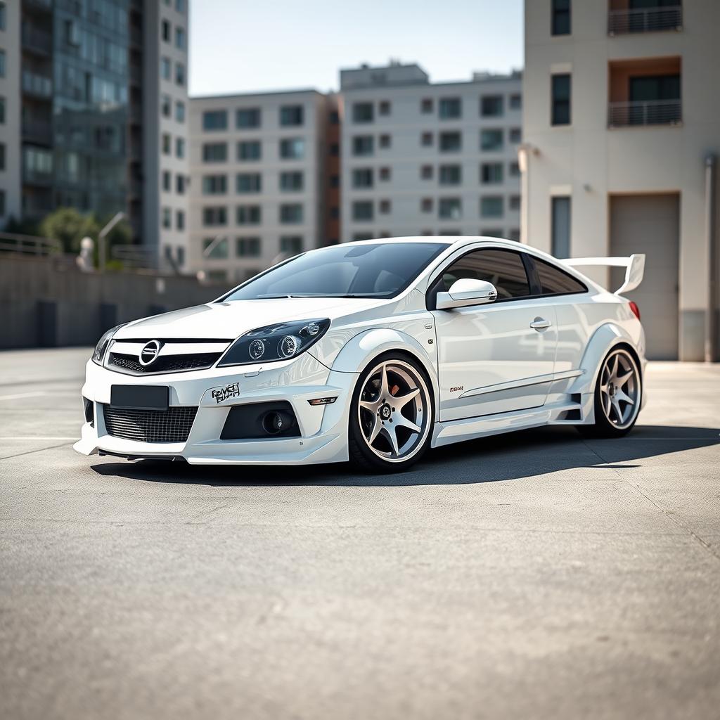 A striking Opel Vectra C from 2007 featuring a Rocket Bunny body kit, displayed in a sleek, glossy white color