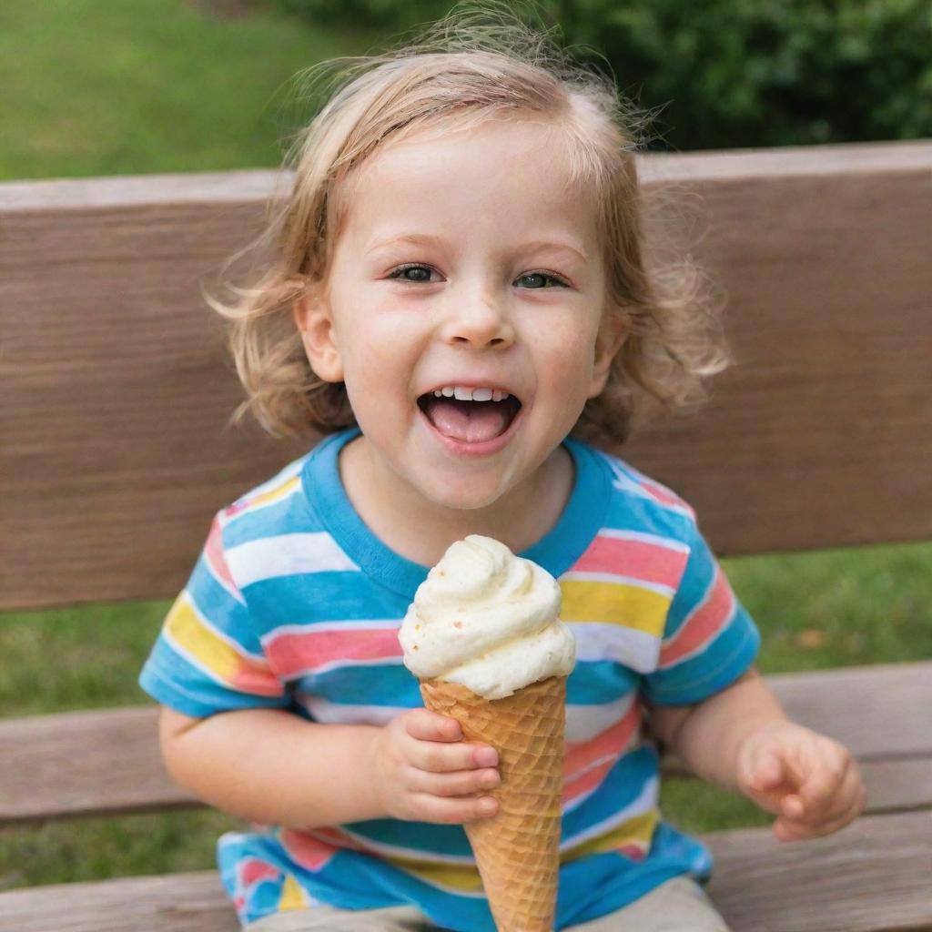 A joyful 5-year-old child, with sparkling eyes and a wide smile, wearing colorful clothes, sitting on a park bench, and happily eating a big vanilla ice cream cone, with a bit of ice cream smeared on their face.