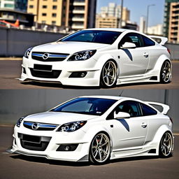 A striking Opel Vectra C from 2007 featuring a Rocket Bunny body kit, displayed in a sleek, glossy white color