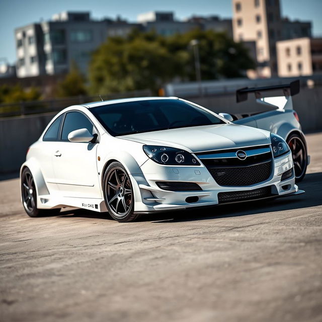 A striking Opel Vectra C from 2007 featuring a Rocket Bunny body kit, displayed in a sleek, glossy white color