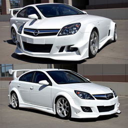 A striking Opel Vectra C from 2007 featuring a Rocket Bunny body kit, displayed in a sleek, glossy white color