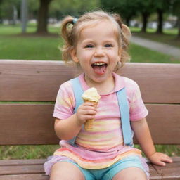 A joyful 5-year-old child, with sparkling eyes and a wide smile, wearing colorful clothes, sitting on a park bench, and happily eating a big vanilla ice cream cone, with a bit of ice cream smeared on their face.