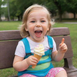 A joyful 5-year-old child, with sparkling eyes and a wide smile, wearing colorful clothes, sitting on a park bench, and happily eating a big vanilla ice cream cone, with a bit of ice cream smeared on their face.