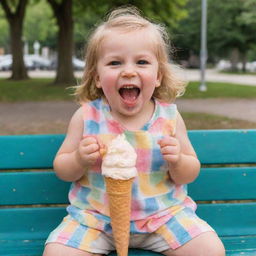 A joyful 5-year-old child, with sparkling eyes and a wide smile, wearing colorful clothes, sitting on a park bench, and happily eating a big vanilla ice cream cone, with a bit of ice cream smeared on their face.