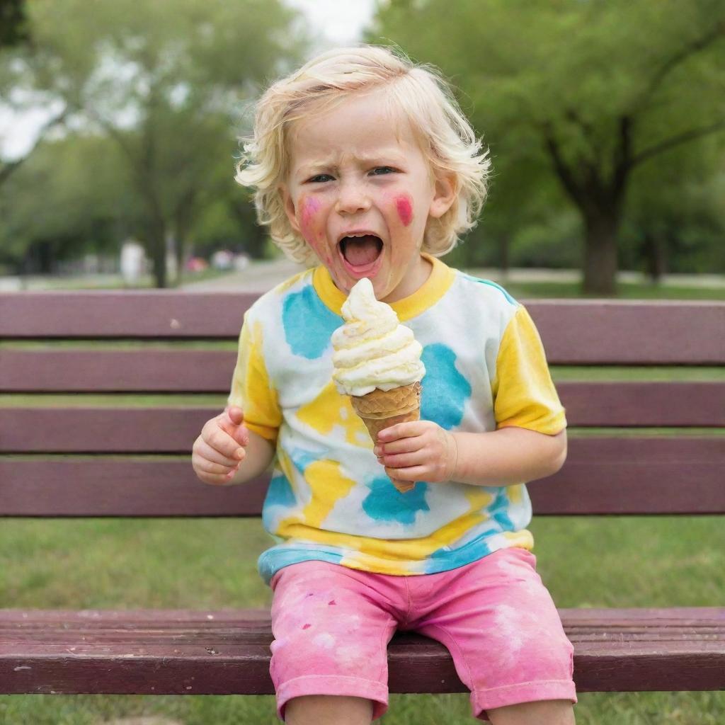 A gleeful 5-year-old kid in vibrant clothes, delightfully consuming a large vanilla ice cream cone on a park bench. Their face is smeared with ice cream and colorful clothes are stained with drips of melting vanilla ice cream.