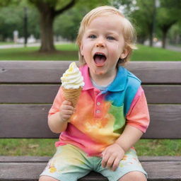 A gleeful 5-year-old kid in vibrant clothes, delightfully consuming a large vanilla ice cream cone on a park bench. Their face is smeared with ice cream and colorful clothes are stained with drips of melting vanilla ice cream.