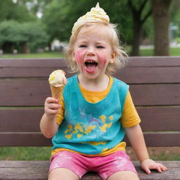 A gleeful 5-year-old kid in vibrant clothes, delightfully consuming a large vanilla ice cream cone on a park bench. Their face is smeared with ice cream and colorful clothes are stained with drips of melting vanilla ice cream.