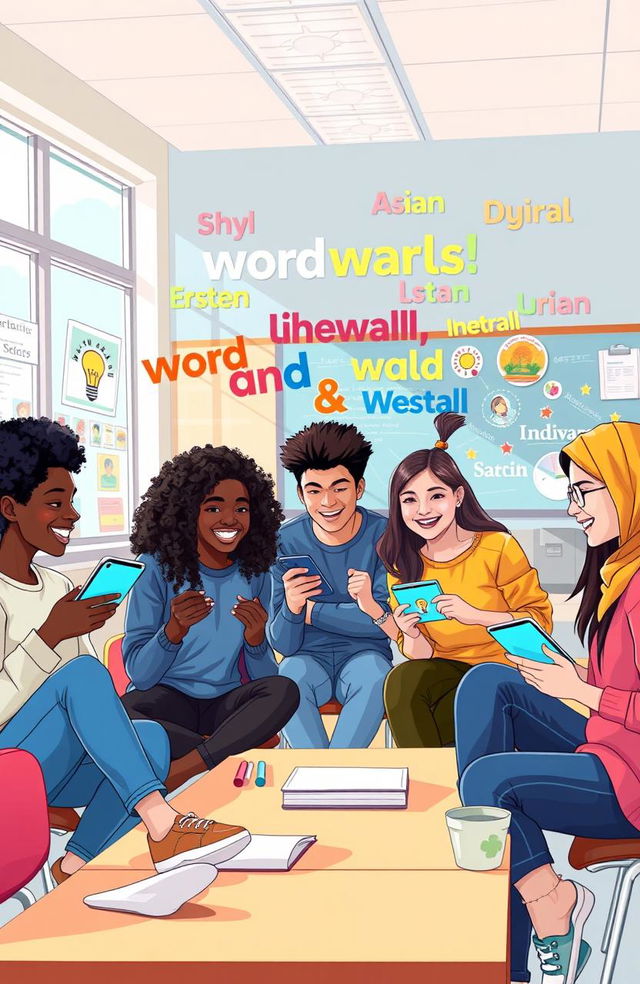 A vibrant and engaging illustration showcasing six high school students of diverse backgrounds (African-American, Caucasian, Asian, Hispanic, Middle-Eastern, and Indigenous) excitedly interacting with the Wordwall application on their devices in a bright, relaxed classroom environment