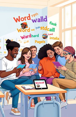 A vibrant and engaging illustration showcasing six high school students of diverse backgrounds (African-American, Caucasian, Asian, Hispanic, Middle-Eastern, and Indigenous) excitedly interacting with the Wordwall application on their devices in a bright, relaxed classroom environment
