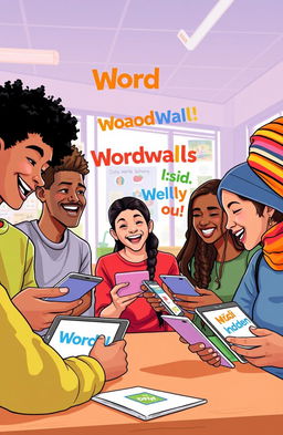 A vibrant and engaging illustration showcasing six high school students of diverse backgrounds (African-American, Caucasian, Asian, Hispanic, Middle-Eastern, and Indigenous) excitedly interacting with the Wordwall application on their devices in a bright, relaxed classroom environment