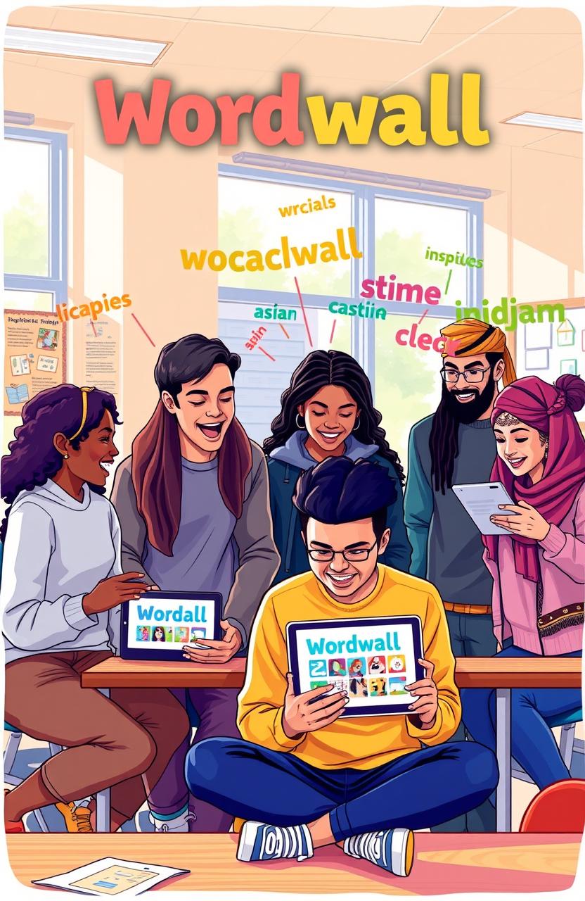 A vibrant and engaging illustration showcasing six high school students of diverse backgrounds (African-American, Caucasian, Asian, Hispanic, Middle-Eastern, and Indigenous) excitedly interacting with the Wordwall application on their devices in a bright, relaxed classroom environment