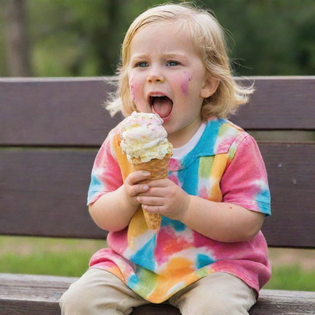 A gleeful 5-year-old kid in vibrant clothes, delightfully consuming a large vanilla ice cream cone on a park bench. Their face is smeared with ice cream and colorful clothes are stained with drips of melting vanilla ice cream.