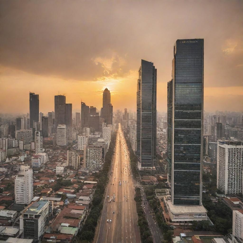 A dynamic view of the city of Jakarta with its bustling streets, towering skyscrapers under a golden sunset.