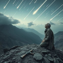 An old man kneeling on a mountain peak, gazing up at a sky filled with streaking meteors