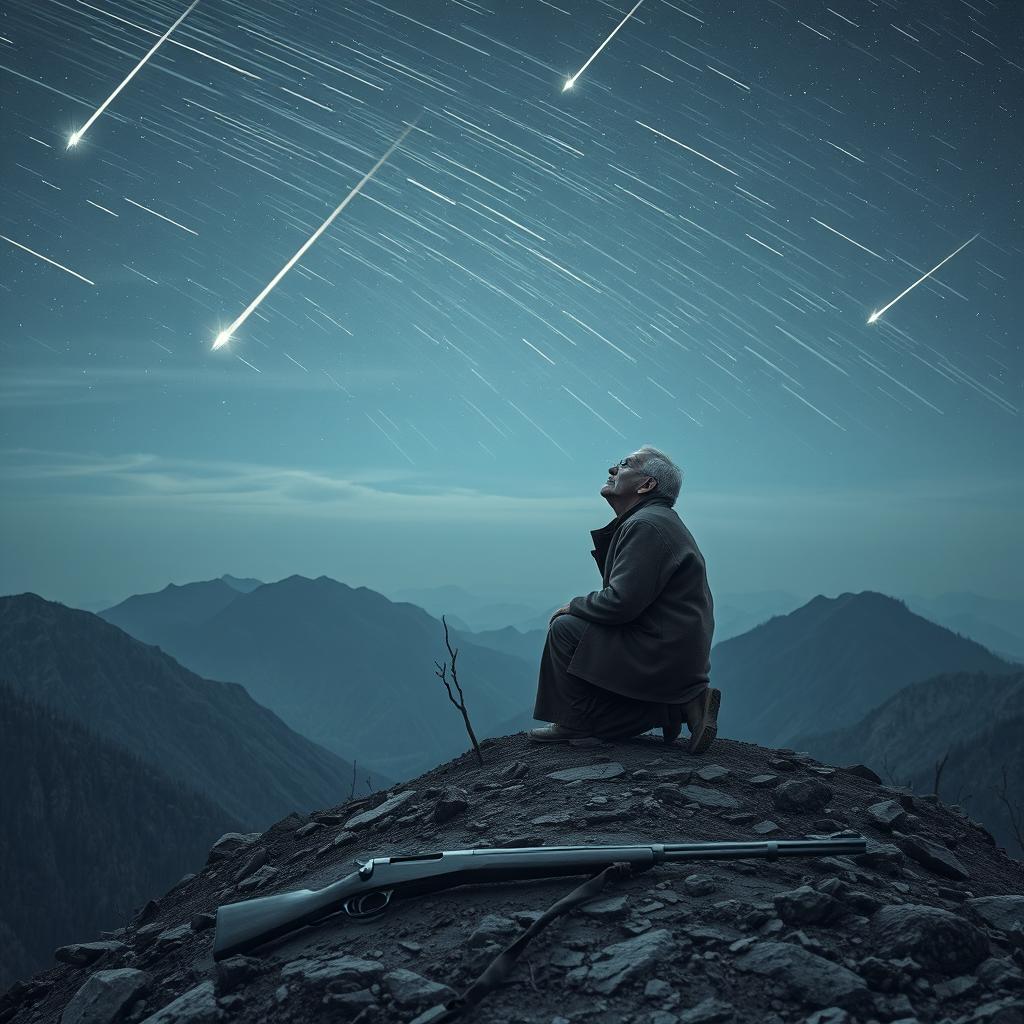 An old man kneeling on a mountain peak, gazing up at a sky filled with streaking meteors