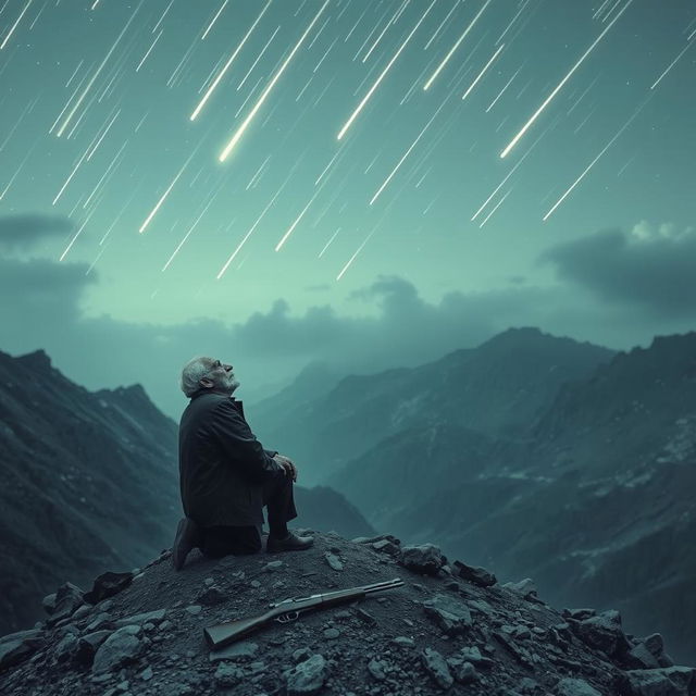 An old man kneeling on a mountain peak, gazing up at a sky filled with streaking meteors